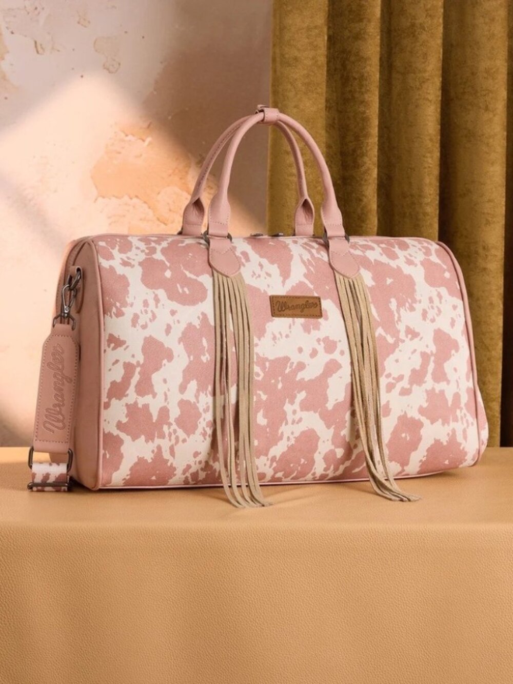 Wrangler Cow Print Fringe Duffle/Crossbody- Dark Pink